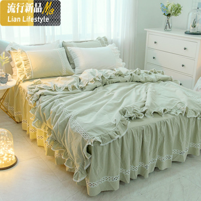色棉床裙式床上四件套棉蕾丝公主风1.8m简约水洗棉双人被套 三维工匠