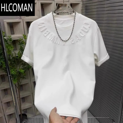 HLCOMAN2024夏季潮牌纯色钢印字母男士t恤打底衫百搭短袖圆领套头上衣潮