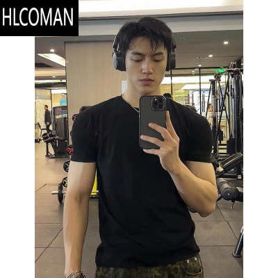 HLCOMAN简约户外运动短袖T恤男硬汉小领口训练健身宽松内搭打底衫
