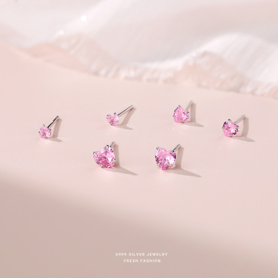 s999纯银爱心粉色锆石耳钉女小巧甜美气质养耳洞百搭足银耳饰批发送女朋友老婆情人节七夕生日礼物