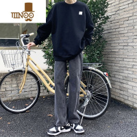 YANXU直筒宽松港风阔腿九分裤子男ins潮流垂感烟灰色做旧牛仔裤男