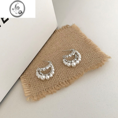 JiMiins个性设计感c型多层锆石珍珠耳环女轻奢高级感百搭耳钉小众耳饰