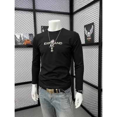 欧货秋季新款打底衫圆领长袖T恤休闲百搭潮流印花男上衣修身青年