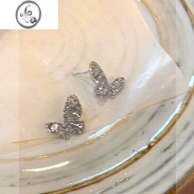 JiMi锆石蝴蝶耳钉女银银耳环2023年新款潮小众设计感高级气质百搭耳饰