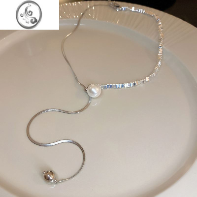 JiMi珍珠三角碎银抽拉式流苏项链简约冷淡风时尚锁骨链个性高级感项饰