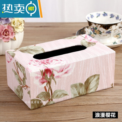 敬平家用客厅茶几餐巾纸抽盒创意面纸盒简约餐厅家居抽纸盒 玫红色 壁纸浪漫樱花中号纸巾盒