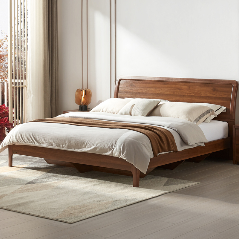 全友家居新中式双人床 橡胶木实木边框 卧室床双人 板木结合床