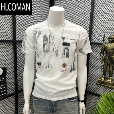HLCOMAN设计师款冰丝t恤男印花短袖体恤夏天潮牌男士高端凉感半袖上衣服