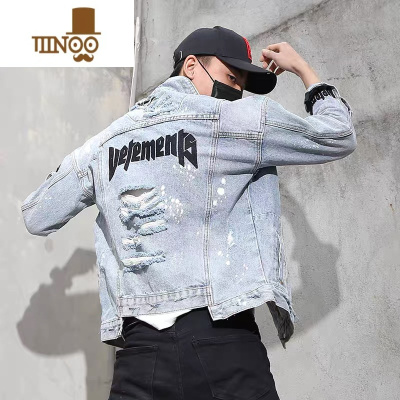 YANXU浅蓝色宽松落肩潮流男士牛仔衣外套港风复古字母刺绣休闲夹克