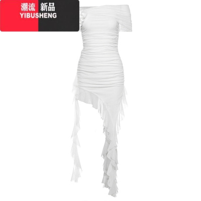 YIBUSHENG 性感女不规则荷叶边挂脖抹胸连衣裙女百搭显瘦短裙