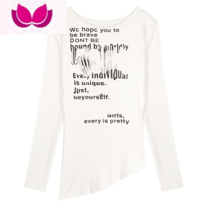 七斓辣妹字母一字肩长袖T恤女春季白色不规则修身紧身收腰中长款上衣 白色 均码