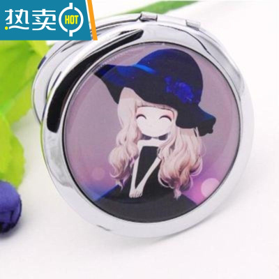 敬平可爱金属化妆镜随身便携美容小镜子折叠创意迷你山水画双面圆镜便携式用镜 黑色姑娘#