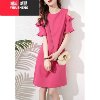 YIBUSHENG法式气质连衣裙女2023季新款黑色高级感露肩荷叶袖中长款a字裙