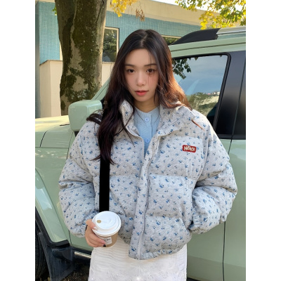 年新款韩系小碎花满印立领短款棉服女冬季加厚保暖面包服外套