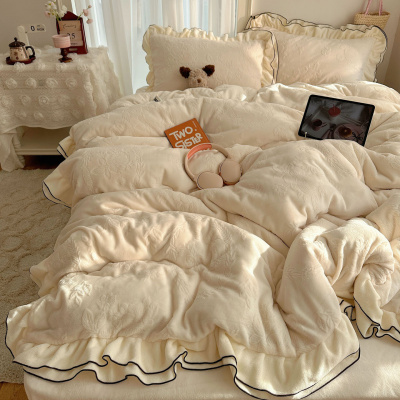 奶呼呼A类花牛奶绒四件套韩系花边加厚加绒珊瑚绒床单被套套件