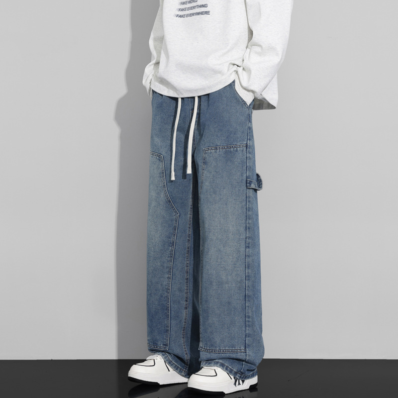 直筒拼接男士工装牛仔裤高街休闲阔腿裤美式潮流