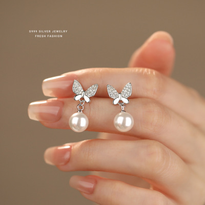 锆石蝴蝶珍珠耳饰999纯银潮时尚百搭精致耳环气质高级感贝珠耳钉送女朋友老婆情人节七夕生日礼物