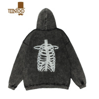 YANXUoversize高街卫衣男连帽美式做旧水洗骨架印花宽松暗黑秋季帽衫潮