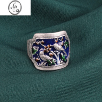 JiMiS925银银民族风银饰喜上眉梢戒指女复古滴胶滴油工艺宽面小鸟开口