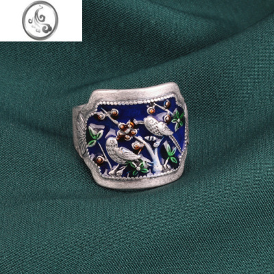 JiMiS925银银民族风银饰喜上眉梢戒指女复古滴胶滴油工艺宽面小鸟开口