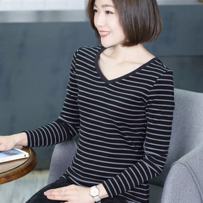 迪鲁奥(DILUAO)新款女装2019年秋季衣百搭V领袖女恤大码修身型显瘦针织条纹打底衫女上衣