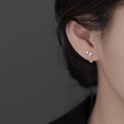 s925银针闪锆星星耳钉女小众设计高级感螺丝拧扣耳骨钉精致耳饰送女朋友老婆情人节七夕生日礼物