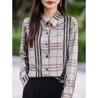 春秋新款POLO领德绒衬衣开衫女款长袖上衣格子翻领上衣气质打底衫