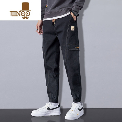 YANXU工装裤男款宽松束脚潮牌哈伦裤夏季青少年拼接痞帅休闲长裤子