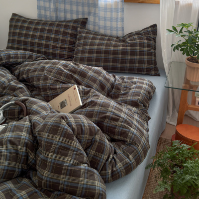 ins风纯棉四件套全棉水洗格子被套床上宿舍床单款三件套1.8床笠式