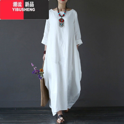 YIBUSHENG棉麻连衣裙女春秋新款民族风大码女装加长裙宽松文艺纯色亚麻袍子