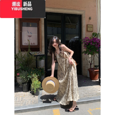 YIBUSHENG水墨牧歌~简约假日风潮新款法式高级感水墨碎花吊带连衣裙
