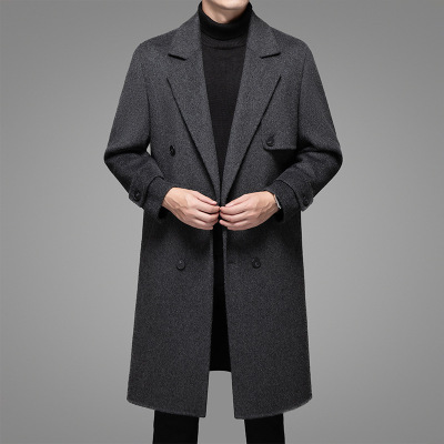 秋冬新款100%羊毛呢大衣男士西装领双排扣大衣羊毛双面呢长款大衣