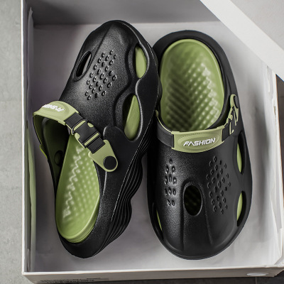 男士2025潮流时尚日常休闲圆头拼色洞洞鞋透气包头男款洞洞鞋