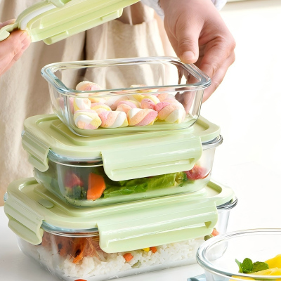 [1040ML绿色长方形]玻璃饭盒上班族冰箱保鲜盒大容量餐盒套装保温便当盒