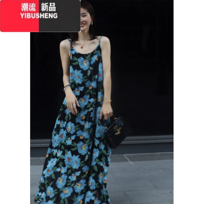 YIBUSHENG季蓝色碎花连衣裙吊带长裙海边度假沙滩裙仙三亚泰国旅游拍照