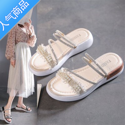 SUNTEK2023夏季新款紅青蜓两穿凉鞋女平底水钻一字带凉拖外穿厚底凉拖鞋