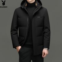 花花公子品牌冬装中长款男士羽绒服连帽多口袋时尚休闲保暖大码男款外套厚