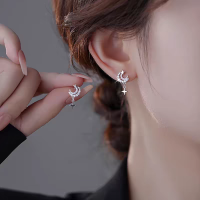 s925银针星星月亮耳钉女小众设计微镶月落星河耳环时尚高级感耳饰送女朋友老婆情人节七夕生日礼物