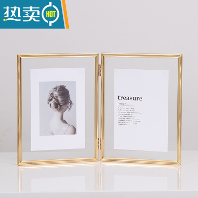 敬平欧式摆台相框折叠连体双面透明6寸7寸8寸10寸金属照片框玻璃摆件 金色竖款 12寸[亚克力面]