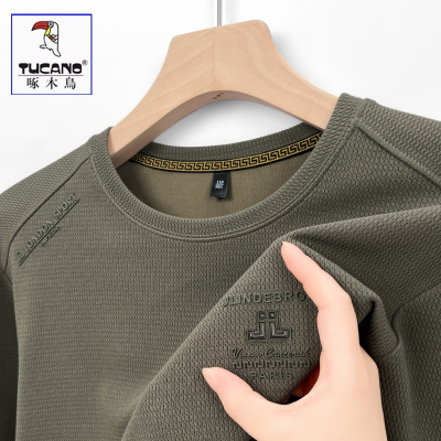 啄木鸟卫衣男加绒加厚2024新款春秋纯棉男长袖t恤圆领打底衫上衣