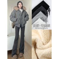 灰色加绒微喇叭裤子女秋冬季新款高腰休闲运动加厚羊羔绒卫裤_452