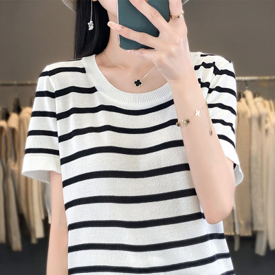 薄款针织衫圆领正肩短袖T恤女夏季冰丝法式小衫显瘦条纹上衣_1