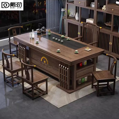 戴劲茶桌椅组合办公室功夫茶几泡茶台套装一体家用小户型喝茶桌2.0米厚德载物+1梳背椅+4月牙椅
