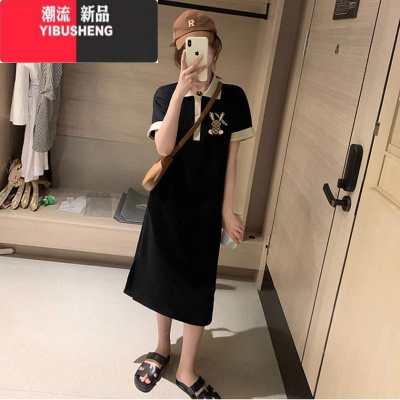 YIBUSHENG大码女装polo领t恤连衣裙子季衣服胖mm遮肚子减龄显瘦长裙