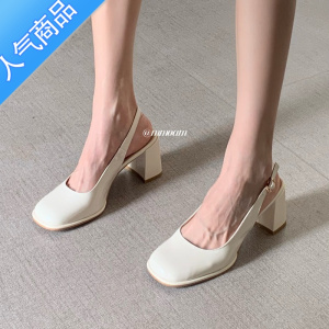 SUNTEK法式新款方头中跟玛丽珍女鞋粗跟单鞋后空包头凉鞋一字扣带高跟鞋
