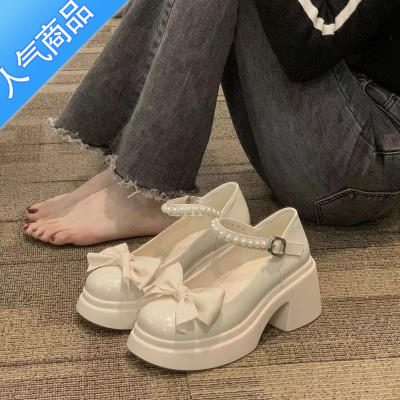 SUNTEK2023新款夏季夏款法式厚底增高蝴蝶结玛丽珍鞋女配裙子粗高跟单鞋