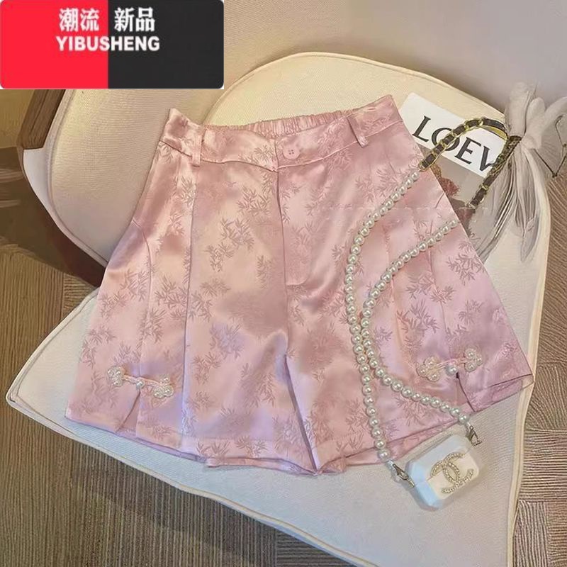 YIBUSHENG粉色醋酸提花国风短裤女新中式设计高级季缎面薄款显身材休闲裤