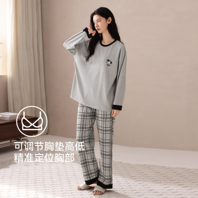 猫人纯棉睡衣女带胸垫春秋季长袖新款卡通可外穿家居服套装