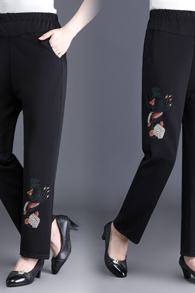 迪鲁奥（DILUAO)妈妈秋装裤子女刺绣民族风60岁中老年人奶奶装松紧腰休闲大码长裤新款女装