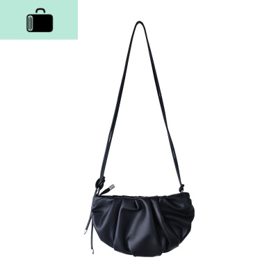 的海 韩版新款纯色百搭洋气复古单肩百褶斜挎包PU简约包女NEW LAKE 黑色女斜挎包